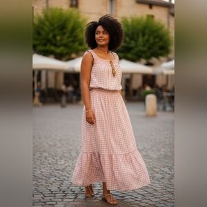 Old Navy Women's 4X Gingham Summer Dress Pink & White Plaid Tiered Embroidery